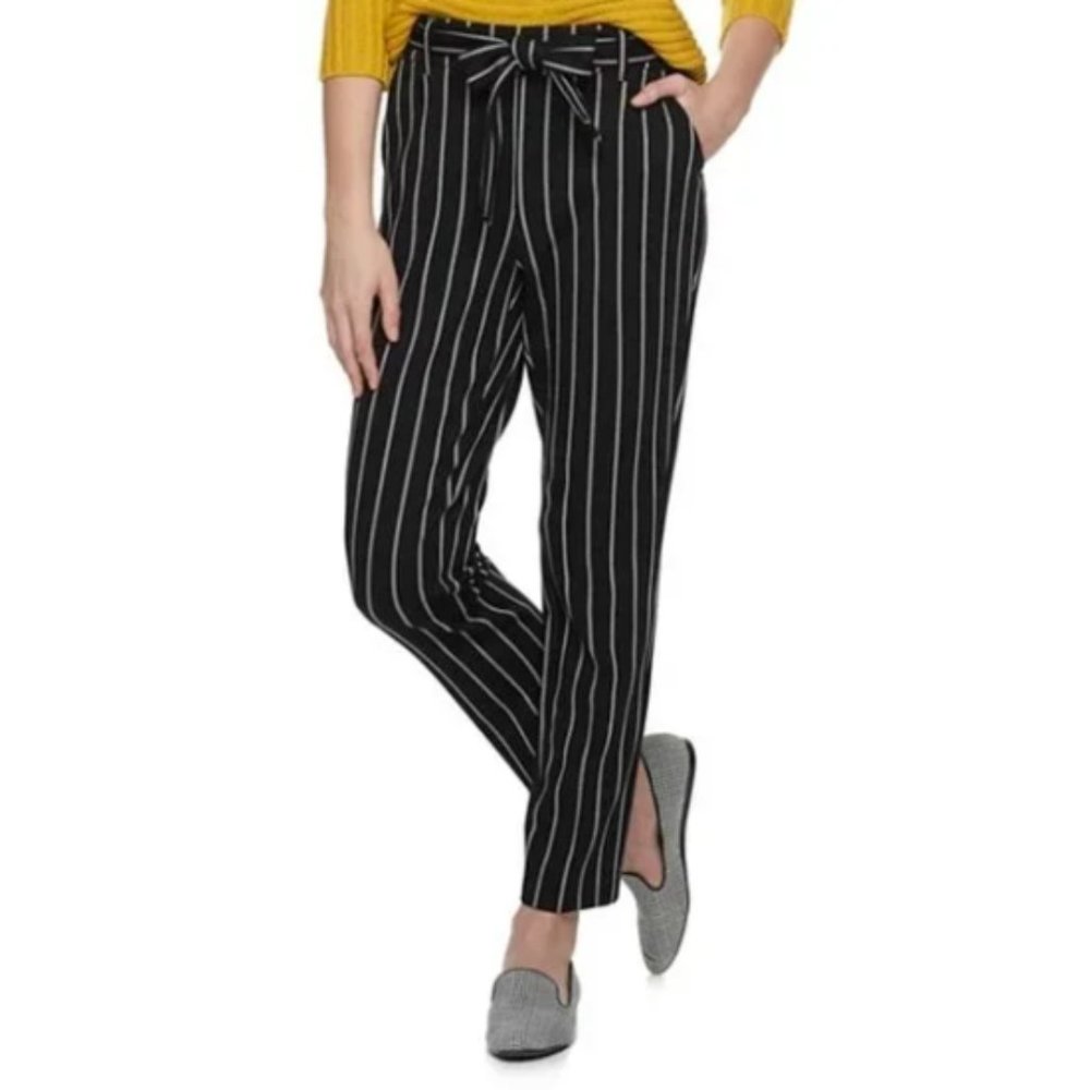 Classic Paper Bag Ponte Tie Waist Pull On Striped Pants BLACK SZ Medium NEW!